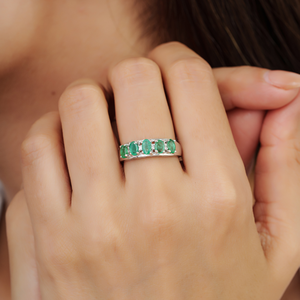Women's Stunning 925 Solid Sterling <b>Silver</b> Natural <b>Emerald</b> Five Stone Band <b>Ring</b> Party & Everyday Wear Fine Jewelry - Product Image 2