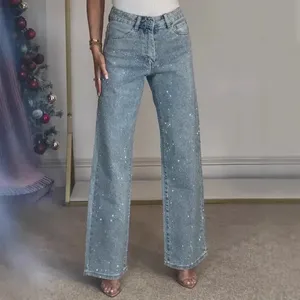 Pantalon en jean extensible pour femme, coupe droite, taille haute, 100 % coton, respirant, écologique, style streetwear, jambe large, léger - Product Image 5