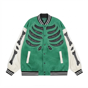 Mens Skeleton Varsity <b>Jacket</b> Custom Bone Embroidered Bomber <b>Jacket</b> Vintage Streetwear Wool Body <b>Leather</b> Sleeves Casual Outerwear - Product Image 1