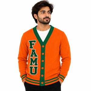 Cardigan universitaire FAMU à col en V, orange et vert, broderie en chenille, couleurs contrastées, décontracté, toutes saisons, pull HBCU - Product Image 3