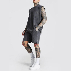 100% Cotton Loose Fit Retro Summer Casual Soft Comfortable Sleeveless Acid Washed Men's Sweat Tank Top and Sweat Short <b>Set</b> - Product Image 4