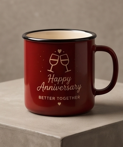 Eco Friendly Unbreakable Iron Enamel Camping Mug Featuring Toasting Glasses Line Art Design Red Outdoor Coffee <b>Cup</b> - Product Image 1