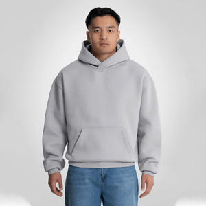 Sweat-shirt à capuche zippé gris clair surdimensionné pour homme en molleton de coton, couleur unie, avec poches, coupe classique, anti-plis - Product Image 1