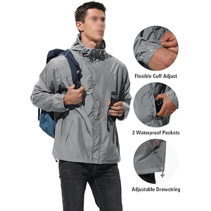 Men's Waterproof Hooded Windbreaker <b>Jacket</b> Gray Lightweight Casual Spring Outerwear With Button Closure And Drawstring Hood - Product Image 2