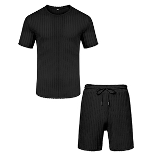 Ensemble T-shirt et short en maille gaufrée pour homme, col rond, couleur unie, respirant, décontracté, 100% coton, tenue deux pièces - Product Image 2