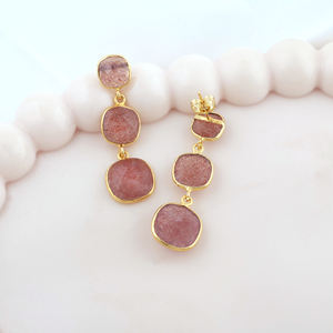 Exquisite genuine cherry quartz <b>drop</b> earrings cushion shaped smooth gemstone three tier gold plated accessories for women girls - Product Image 3