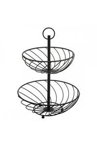 Panier à fruits à 2 niveaux en fil métallique tendance avec base en bois, organisateur de table moderne style ferme pour cuisine et comptoir de salle à manger - Product Image 5