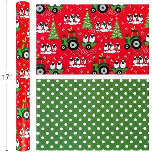 Rotolo di Carta da Regalo Reversibile a Pois Verdi con Pecore, Auto e Alberi di Natale, Tema Fattoria, per Regali di Natale e Festività - Product Image 1
