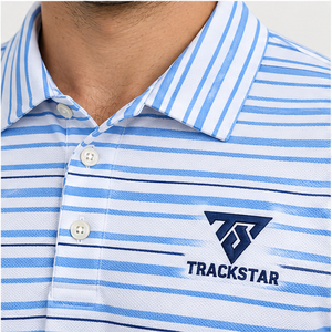 Trackstar Men's White <b>Blue</b> Horizontal Stripe <b>Polo</b> <b>Shirt</b> Short Sleeve Button Collar Casual Golf <b>Shirt</b> Custom Logo - Product Image 5