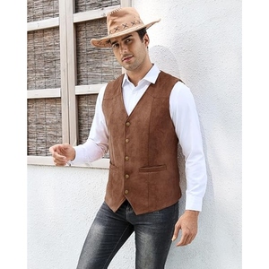 Chaleco de Cuero de Gamuza Marrón Personalizado para Hombre, Estilo Vintage Vaquero Occidental, Cuello en V, Botones a Presión, Estilo OEM - Product Image 5