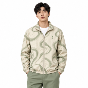 Veste coupe-vent pour homme, beige sauge, imprimé tourbillon, fermeture éclair intégrale, col montant, légère, décontractée, sportswear, streetwear, veste d'extérieur - Product Image 1