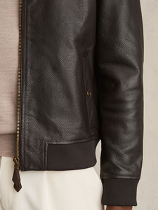 Factory Price Men Genuine Leather Waterproof Winter Bomber <b>Jacket</b> Black <b>Slim</b> <b>Fit</b> Zip-Up Spread Collar Ribbed Cuff OEM Custom Log - Product Image 5