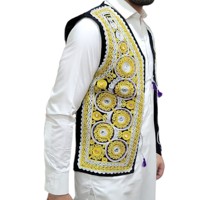 Gilet brodé Waskat pour homme afghan, motif géométrique artisanal, tenue formelle, noir, jaune, blanc, col en V, simple boutonnage