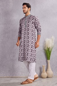 India Pakistan Style <b>Kurta</b> <b>Men's</b> Gray Printed Cotton <b>Kurta</b> Casual Wear Cotton <b>Kurta</b> for <b>Mens</b> Wedding Party Wear - Product Image 2