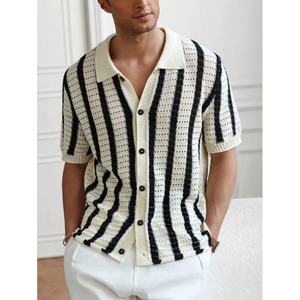 Pull tricoté décontracté à rayures pour homme, col polo, manches courtes, ajouré, avec logo personnalisé OEM - Product Image 5