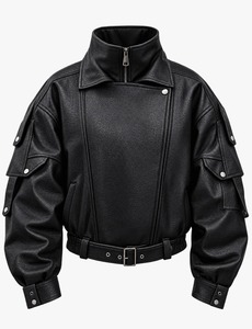 Black PU <b>Leather</b> Motorcycle <b>Jacket</b> Moto Biker Outerwear Zipper Collar <b>Long</b> Sleeve Casual Autumn Winter - Product Image 5