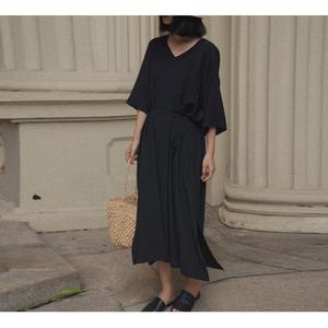 Women Black Plain Cotton Linen Maxi <b>Dress</b> With V-Neck <b>Loose</b> Fit 3/4 Sleeve Summer Casual <b>Dress</b> For Women - Product Image 2