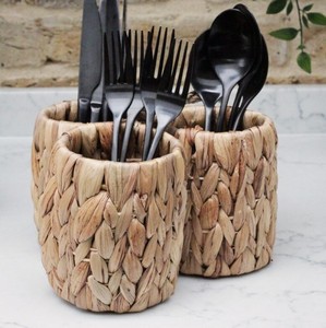 Handmade Water Hyacinth Tableware Caddy 3 Slot <b>Wicker</b> Spice Condiment Holder <b>Basket</b> with <b>Handle</b> Trim For Restaurant Catering - Product Image 3