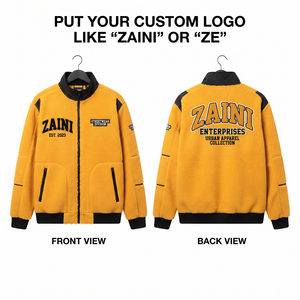 240g GSM Polar Fleece <b>Jacket</b> Yellow Black Panel Embossed Printed Chenille Patch Applique Logo Full Zip Autumn Wear <b>Men's</b> - Product Image 1