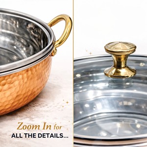 Wok traditionnel en cuivre martelé avec couvercle en verre |   Poêle de cuisson et de service en acier inoxydable pour cuisinière à gaz - Product Image 6