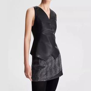 Veste en cuir d'agneau véritable pour femme, style rétro, imperméable, triple boutonnage, printemps-automne, noire, vente en gros - Product Image 2