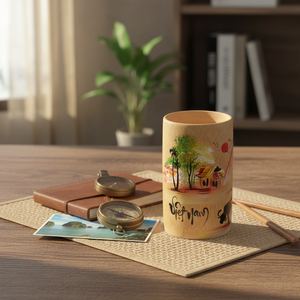 Natural Bamboo Cylindrical <b>Mug</b> – Unique Hand-Painted Countryside Pattern - Product Image 1
