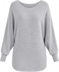 Suéter de Punto Extra Grande Negro para Mujer con Diseño de Puntos con Lentejuelas, Hombros Caídos, Manga Larga, Cuello Redondo, Top de Invierno - Product Image 1
