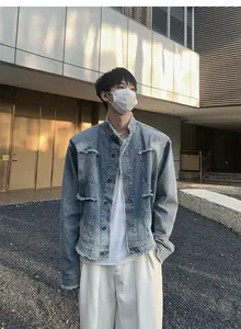 XMA Men's Spring <b>Denim</b> <b>Jacket</b> Breathable Hip Hop Style Button Fly Casual Turn-down Collar Thick Washed Cotton Regular Fit Single - Product Image 3