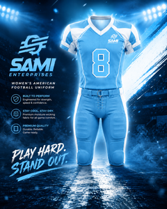 American Football Uniform Set Light Blue <b>White</b> <b>V</b>-<b>Neck</b> Short Sleeve 100% Polyester Moisture Wicking Fitted Adult Custom Team Name - Product Image 6
