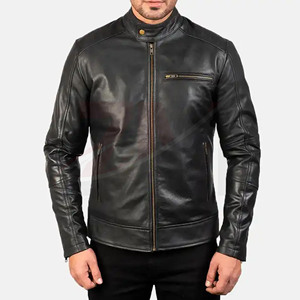 Veste en cuir véritable 100% pour homme, teinte unie, style classique décontracté, noir, en cuir de vachette, qualité supérieure, grandes tailles - Product Image 1