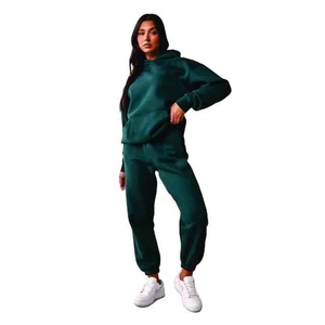 Conjunto Deportivo con Capucha para Mujer, Talla Grande, Color Verde Sólido, 100% Algodón, Manga Larga, Sudadera Informal con Bolsillos Laterales, Otoño - Product Image 2