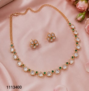Elegant CZ Crystal Tennis <b>Chain</b> Necklace Set Flower <b>Stud</b> <b>Earrings</b> Emerald Green Stone Minimalist Party Wear Jewelry - Product Image 1
