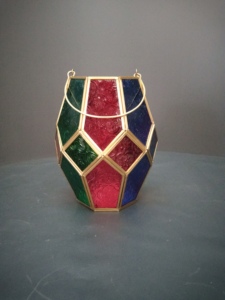 Artisan Design Tapered Glass <b>Lantern</b> with Embossed Red Green Blue Panels <b>Gold</b> Frame Handmade Irregular Shape Home Decoration - Product Image 5