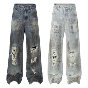 Jeans de mezclilla para hombre de cintura alta, pierna ancha, desgastados y rotos, de ajuste holgado, de tela de algodón lavado a la piedra, estilo casual urbano, primavera - Product Image 6