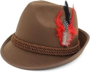 Sombrero Fedora de lana marrón con banda de cuerda y decoración de plumas, accesorio unisex para primavera y otoño, estilo europeo, accesorio para adultos - Product Image 1