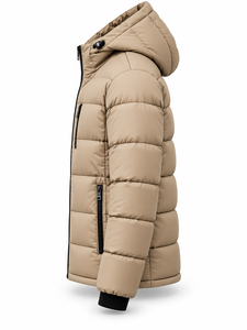 Blouson matelassé à capuche beige pour homme, chaud, coupe-vent, décontracté, fermeture éclair frontale, couleur unie, rembourrage en polyester épais, coupe régulière - Product Image 3