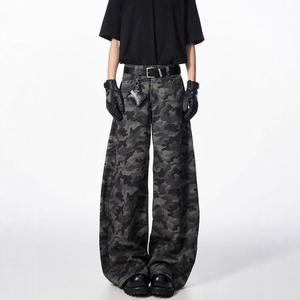 Vintage Hip Hop Camouflage Patchwork <b>Jeans</b> Woolen Fabric Button Detail Mid Waist Casual Pants Eco-Friendly Winter Spring - Product Image 5