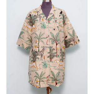 Vestidos casuales bohemios indios para mujer, 100% algodón, tejido con estampado de jungla, manga larga, cuello en V, dobladillo recto, lavable, con botones. - Product Image 1