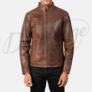 Veste de motard en cuir véritable marron de qualité supérieure pour hommes, coupe ajustée, col montant, fermeture éclair classique, manteau décontracté pour moto et streetwear - Product Image 3