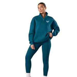 Sweat-shirt à col montant 1/4 zippé bleu océan respirant pour femme, coupe oversize, manches longues, style streetwear décontracté - Product Image 1