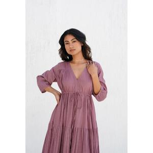 Vestido Maxi Romántico de Primera Calidad, Corte en A, Cuello en V, Manga Larga, Crepé de Rayón, Color Sólido, Elegante, para Mujer, Primavera - Product Image 5