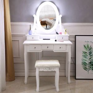 Coiffeuse à miroir unique et 5 tiroirs avec ampoule, blanche - Product Image 2