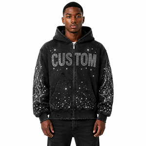 Sudadera con capucha de alta calidad con cremallera, lavado ácido, corte holgado, peso pesado, personalizada, con pedrería completa y efecto desgastado para hombre - Product Image 1