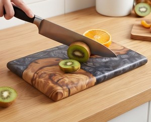 Tabla de Cortar Rectangular de Resina Epoxi Negra y Madera de Burl para Cocina - Product Image 4