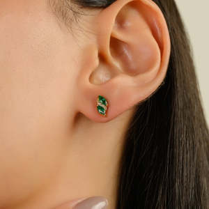 14K Solid Gold Marquise Cut Emerald and Diamond Stud Earrings for Wedding - Product Image 3