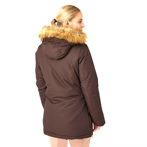Chaqueta de Invierno Acolchada Marrón para Mujer con Capucha con Ribete de Piel, Cierre de Cremallera, Manga Larga, Abrigo Grueso - Product Image 3
