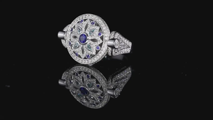 Bague de cocktail vintage à fleurs avec saphir et diamants sertis pavé, plaqué rhodium, bijoux de fiançailles pour femme - Product Image 2