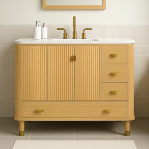 Fluted <b>Wood</b> <b>Bathroom</b> Vanity <b>Cabinet</b> TPF-BV-FL1, Natural Oak Color 36 48 60 Inch, KD Flat Pack, Vietnam OEM - Product Image 4