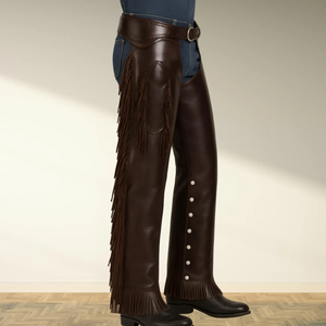 Women Genuine Leather Breathable Western <b>Chaps</b> Mid Rise Regular Fit Fringe Decorated Buckle Closure Customized Logo <b>Riding</b> - Product Image 3