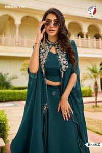 Conjunto Indo-Occidental de Chinon Chiffon con Bordados Elaborados, Elegante y de Colores Deslumbrantes para Festivales, Compra en Línea en India - Product Image 4